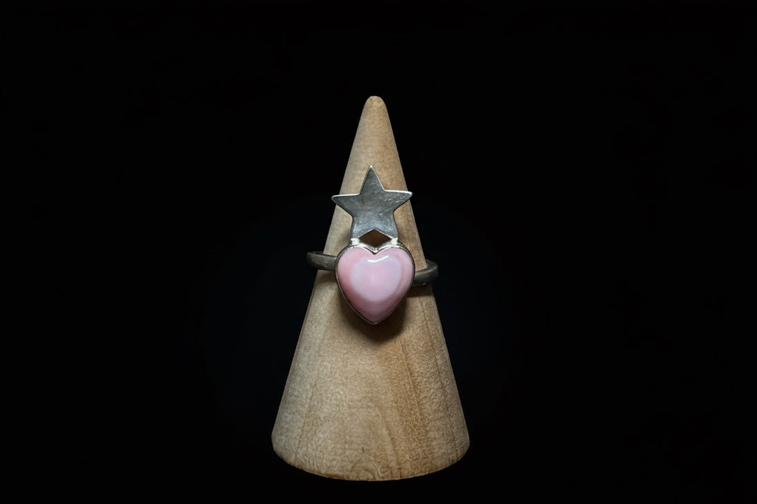 Handcrafted Pink Conch Heart & Star Ring - Adjustable