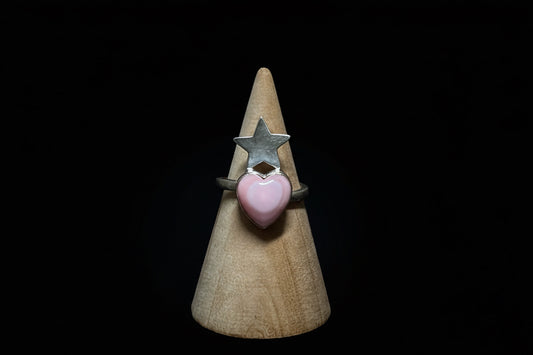 Handcrafted Pink Conch Heart & Star Ring - Adjustable