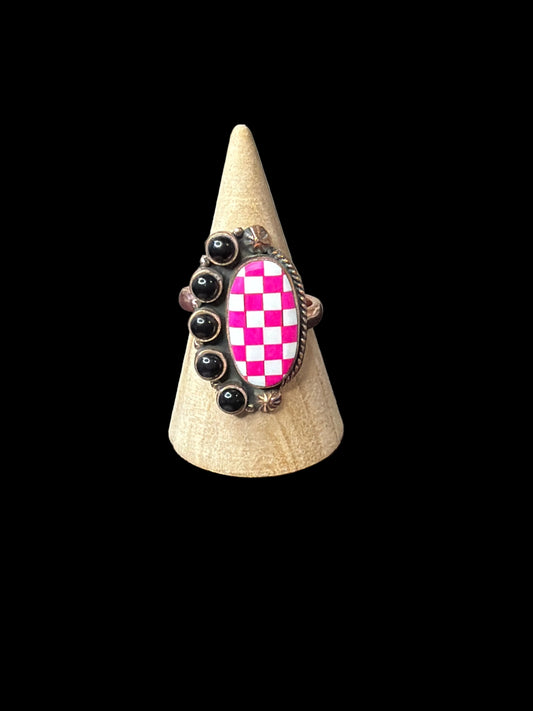 Copper & Black Onyx with Pink & White Checker Ring - Adjustable