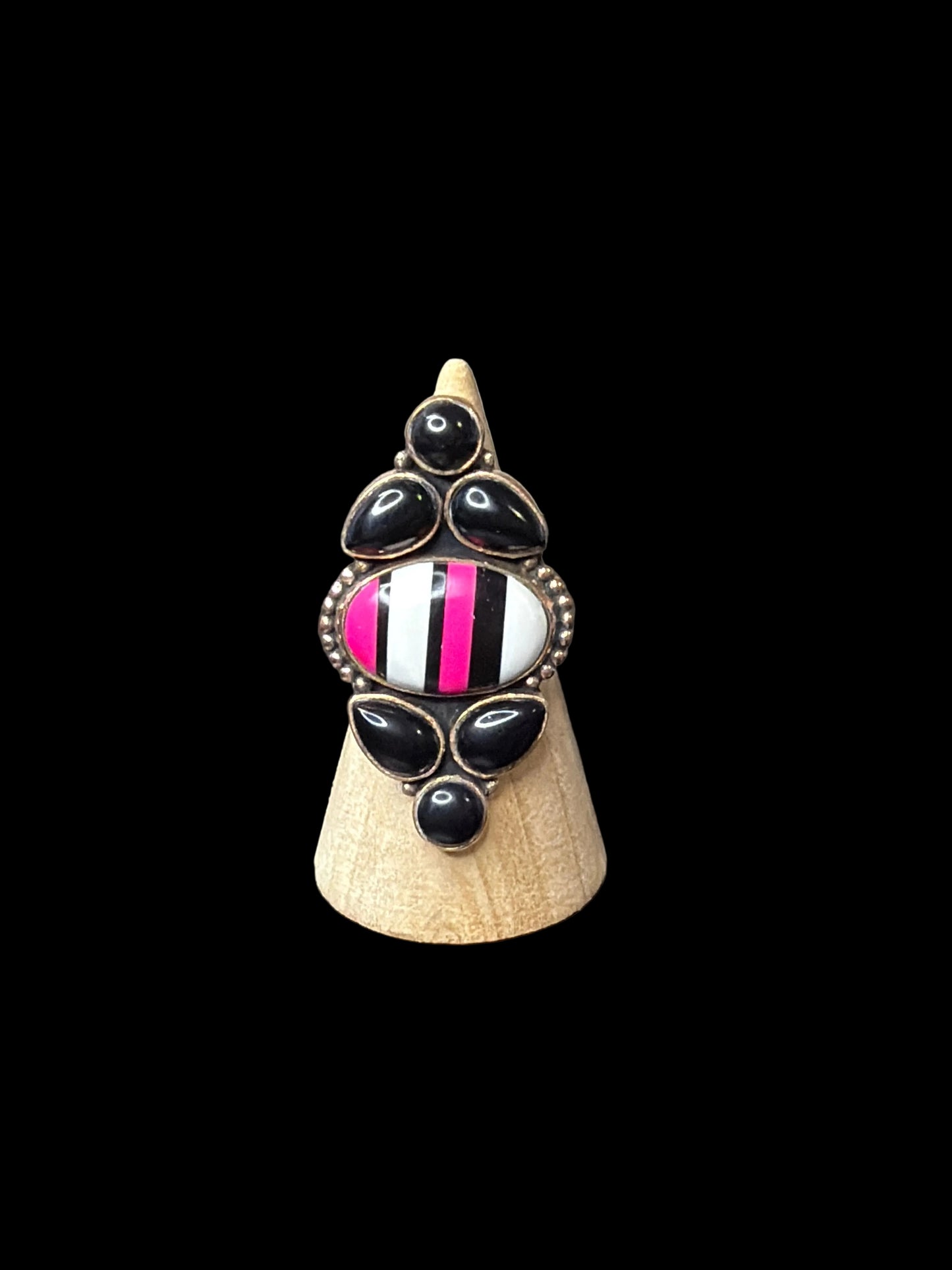 Copper & Black Onyx With Enamel Striped Ring - Adjustable