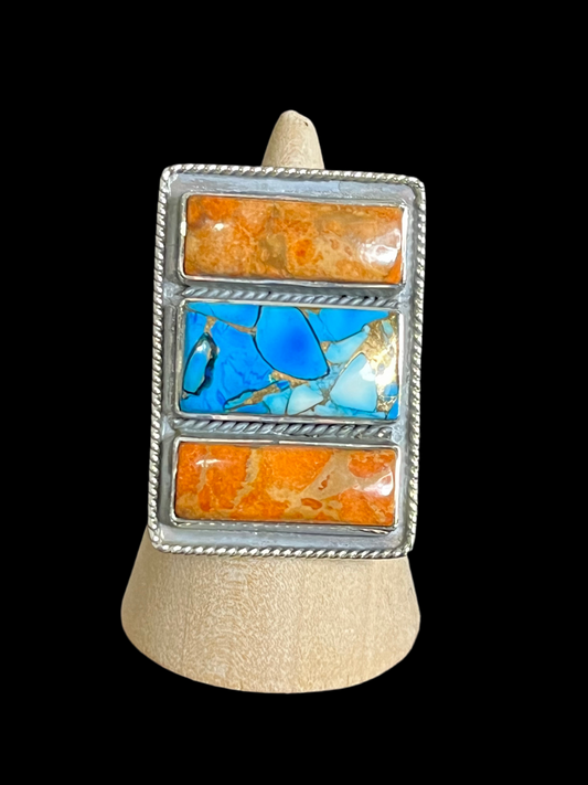 Ice Blue Dahlia & Sponge Coral Statement Ring - adjustable