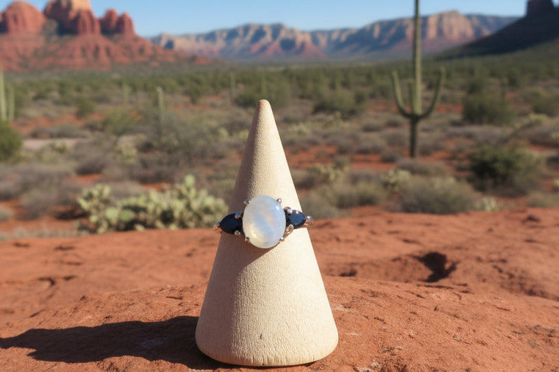 Rainbow Moonstone & Sapphire Ring - size 7.5