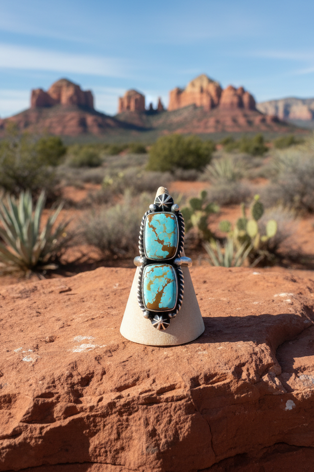 Navajo - Johnny Dixon - Mine 8 Turquoise Ring - Adjustable (squares)