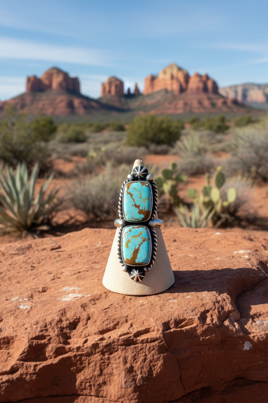 Navajo - Johnny Dixon - Mine 8 Turquoise Ring - Adjustable (squares)