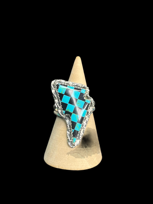 Turquoise & Black Onyx Checker Ring - size 8.5