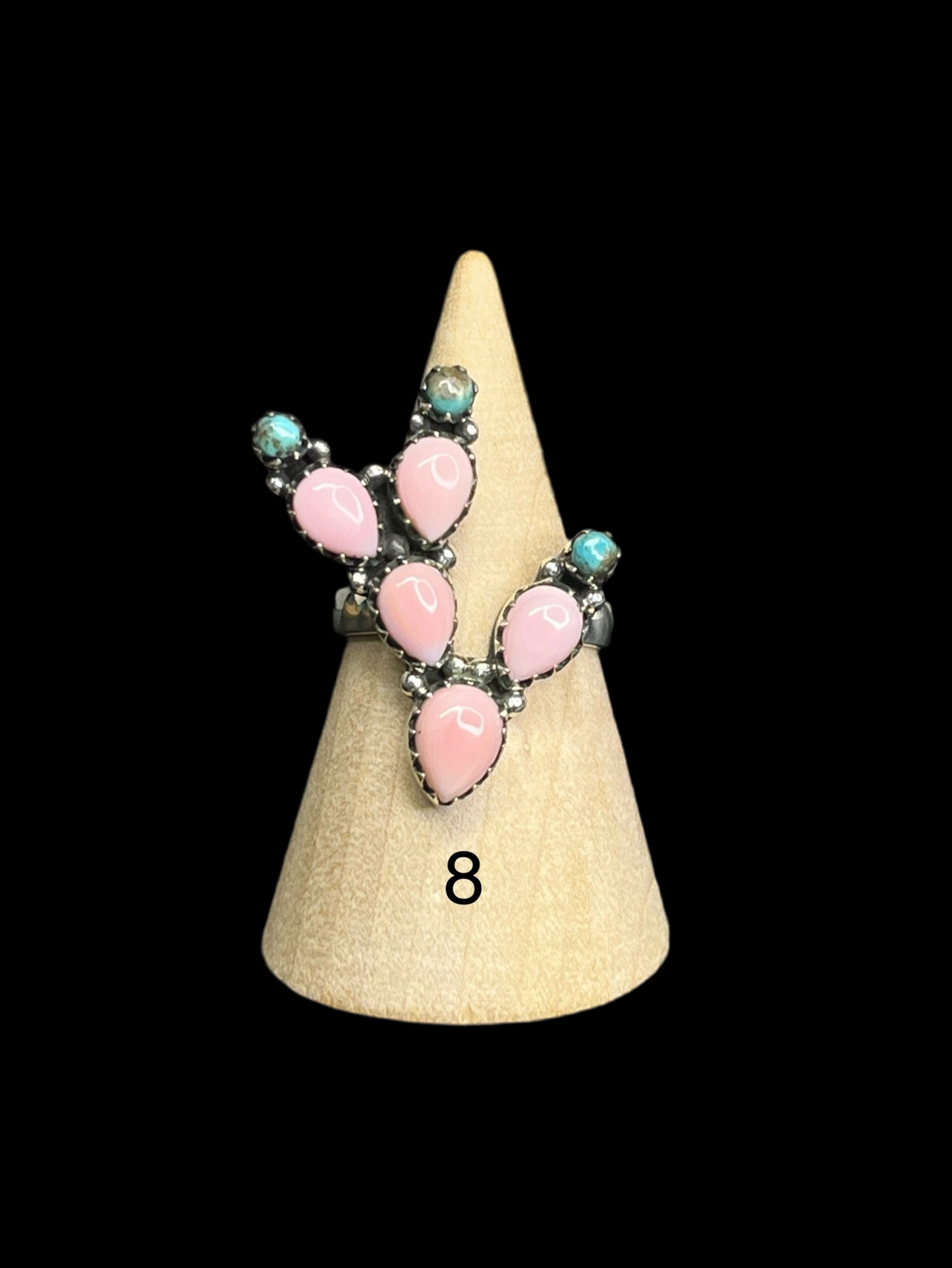 Kingman Turquoise, Coral, Pink Queen Conch Sterling Silver Cactus Rings