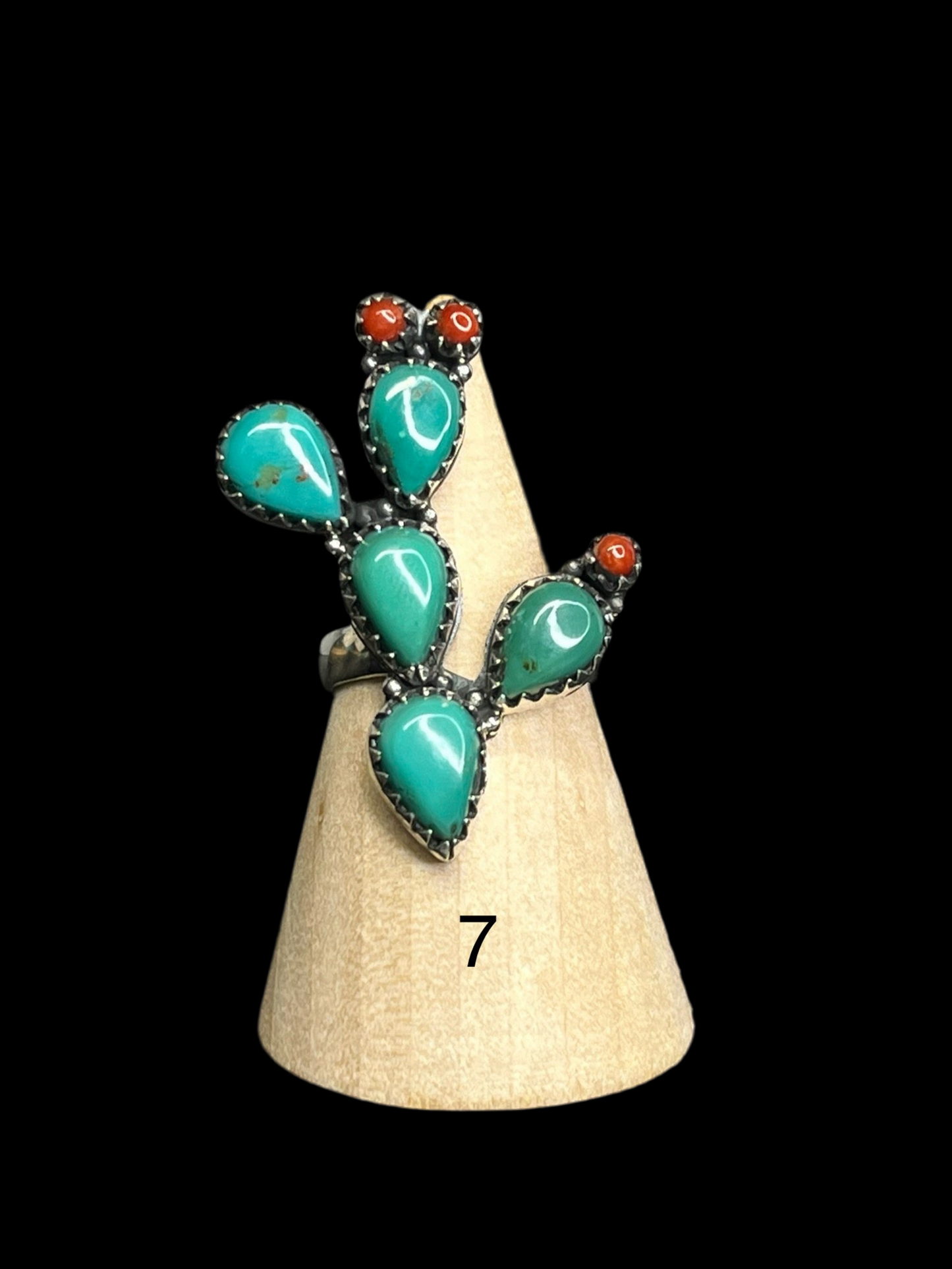Kingman Turquoise, Coral, Pink Queen Conch Sterling Silver Cactus Rings