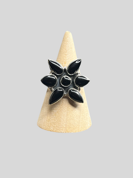 Black Onyx Cluster Sterling Silver Ring - Adjustable