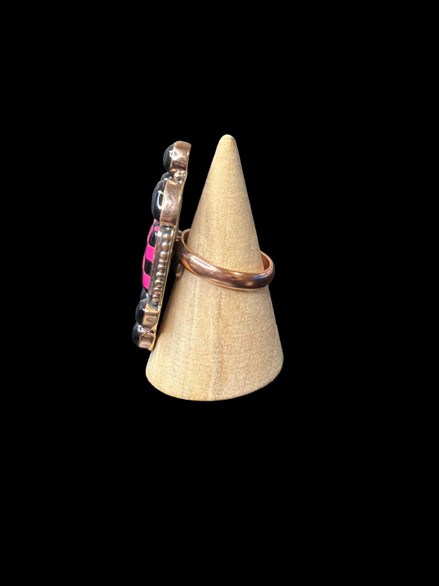 Copper - Black Onyx with Black & Pink Checker Enamel Ring - Adjustable