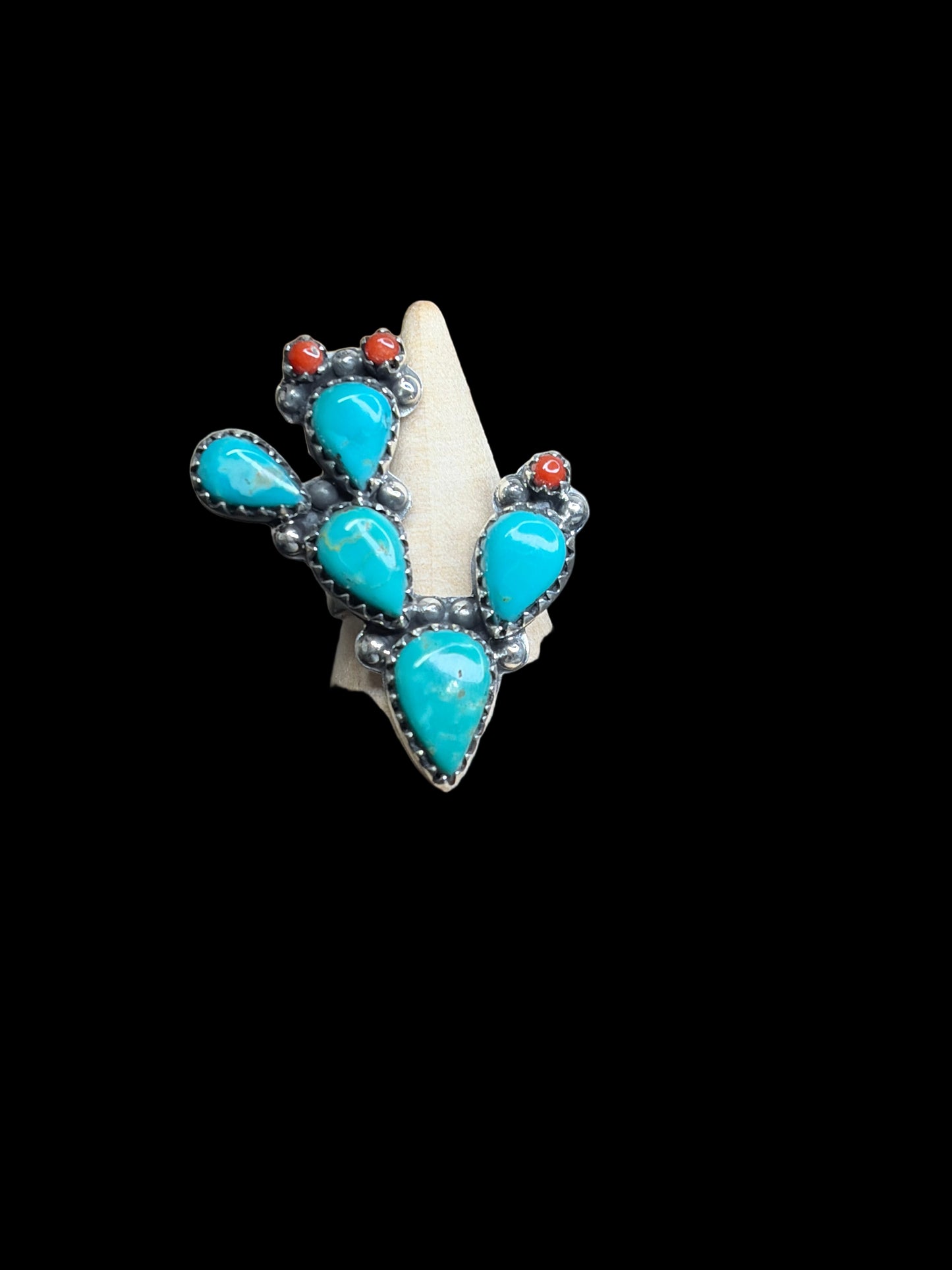 Kingman Turquoise, Coral, Pink Queen Conch Sterling Silver Cactus Rings