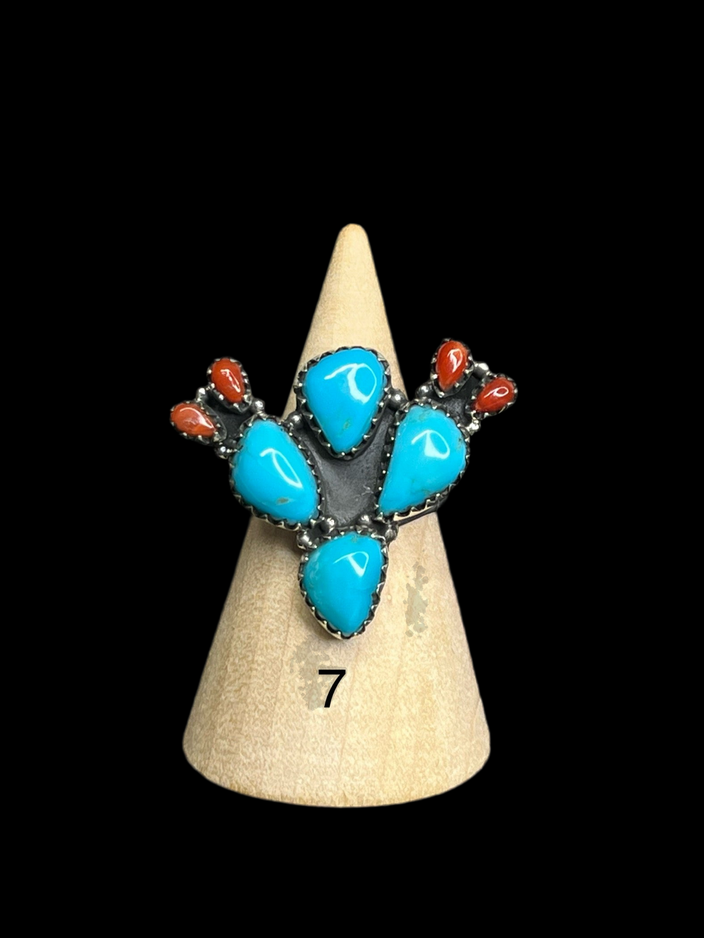 Kingman Turquoise, Coral, Pink Queen Conch Sterling Silver Cactus Rings