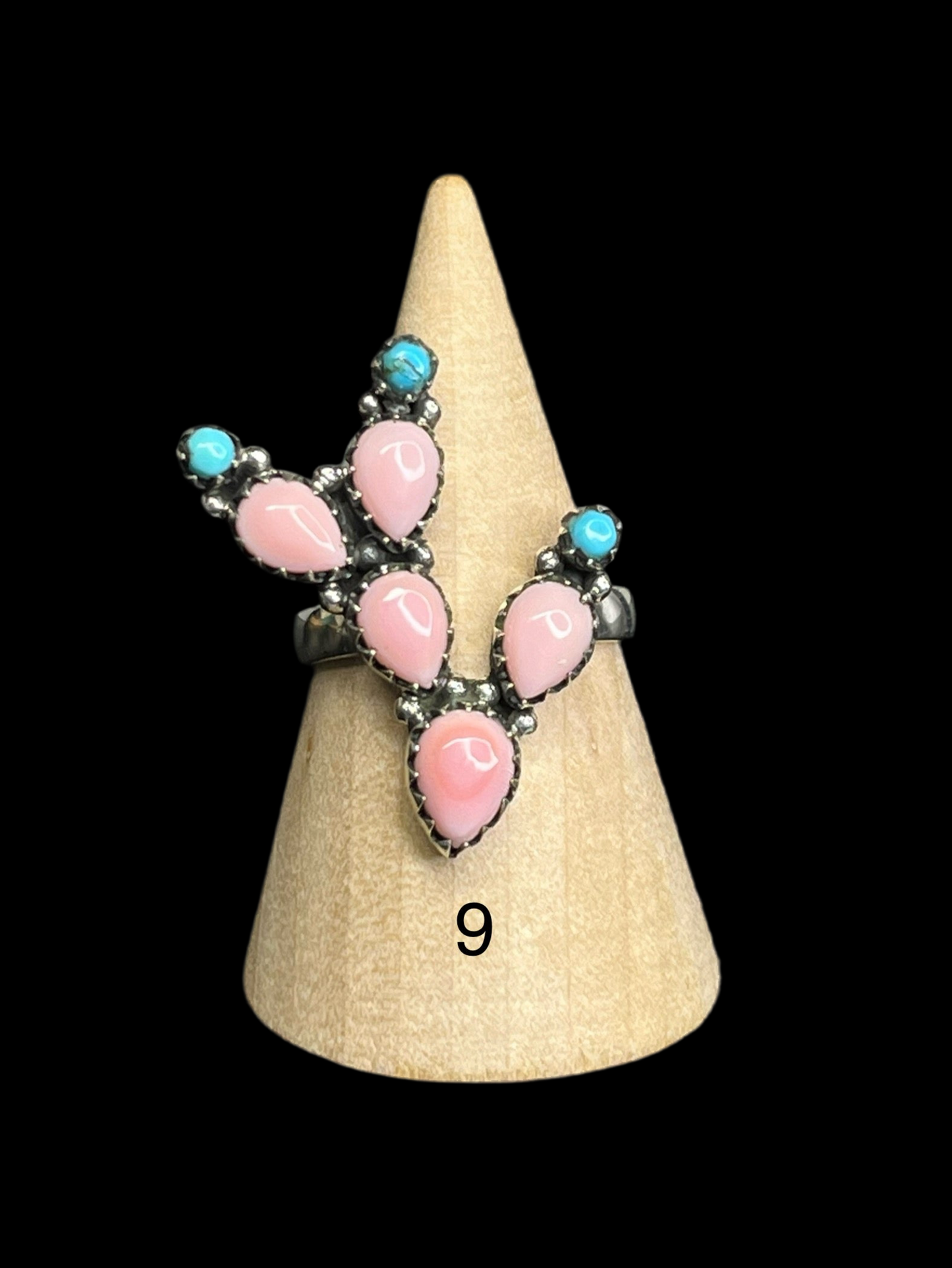 Kingman Turquoise, Coral, Pink Queen Conch Sterling Silver Cactus Rings