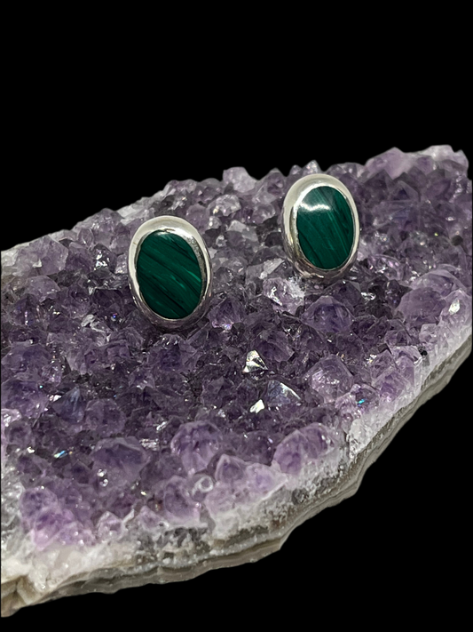 Malachite Inlay MEXICO Sterling Silver - Earrings - Artist Signed PGJ