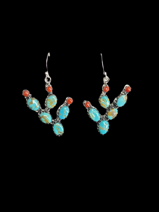 Kingman Turquoise & Coral Cactus Earrings