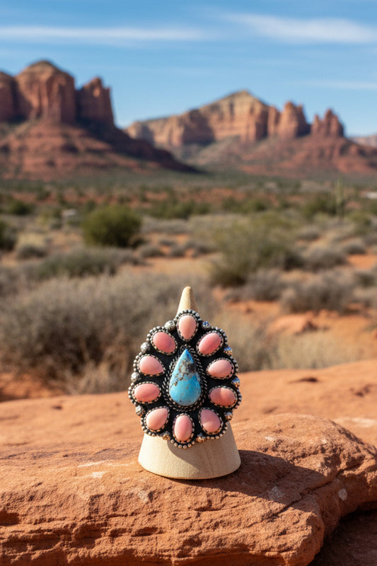 Handcrafted Golden Hills & Pink Conch Ring - adjustable