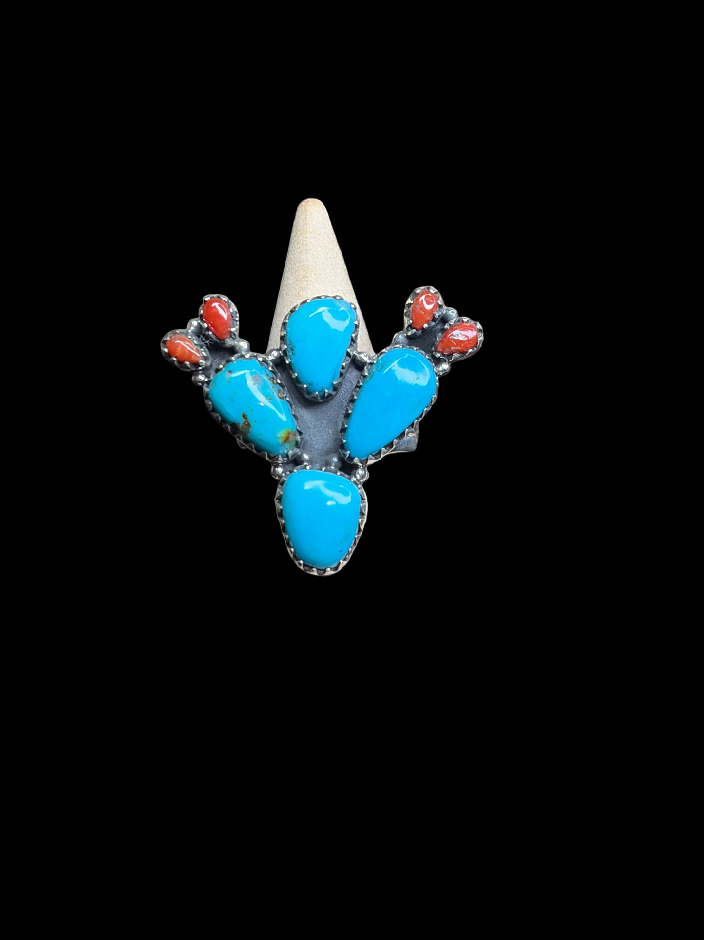 Kingman Turquoise, Coral, Pink Queen Conch Sterling Silver Cactus Rings