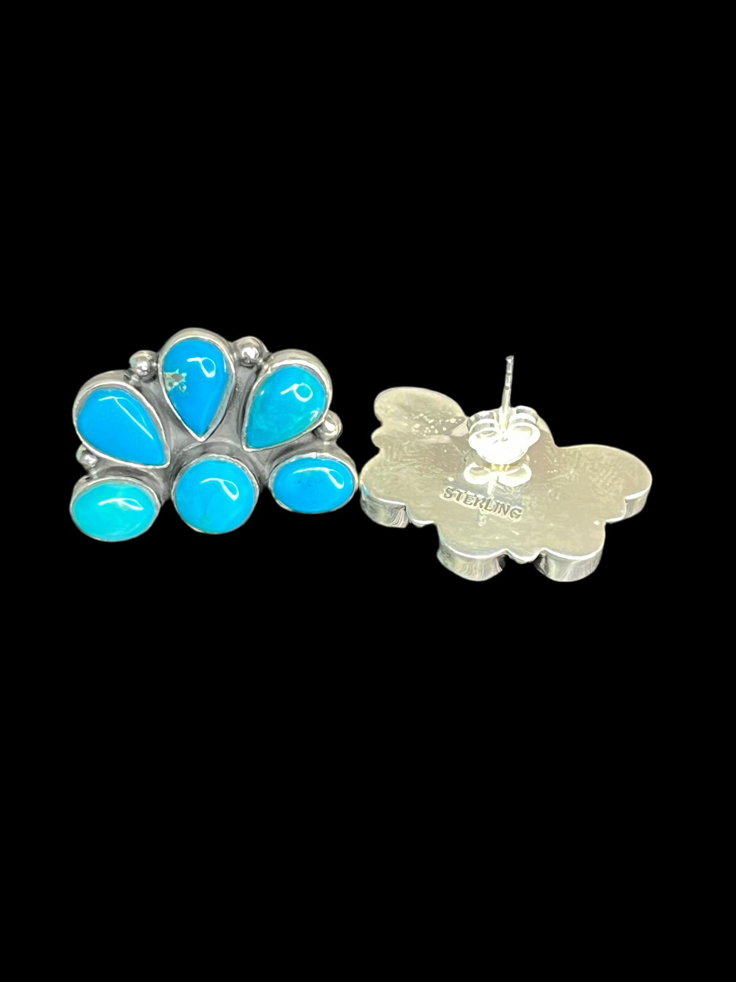 Kingman Turquoise Half Cluster Sterling Silver Earrings