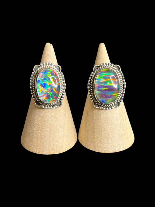 Aurora Opal Sterling Silver Rings - Size 4.75