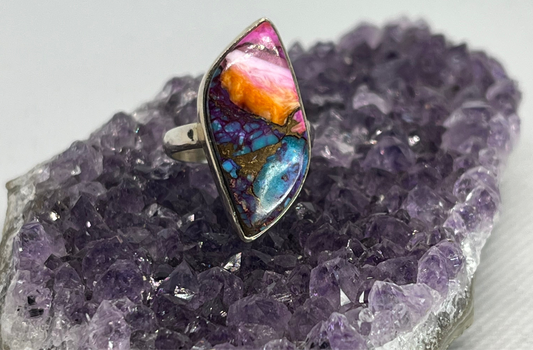 Spiny Oyster & Pink Dahlia Sterling Silver Ring - Size 6