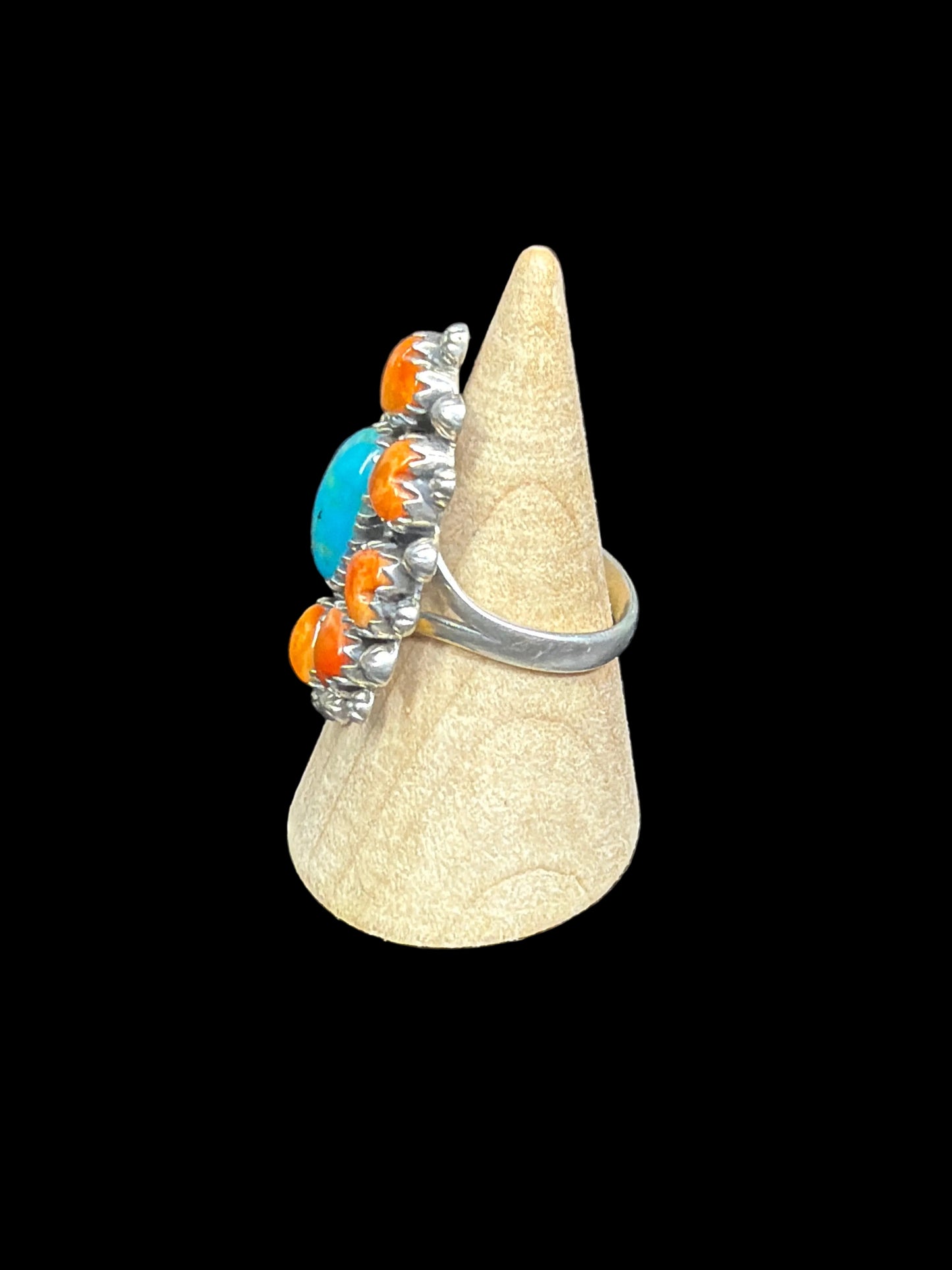 Handcrafted Kingman & Orange Spiny Cluster Ring - size 8