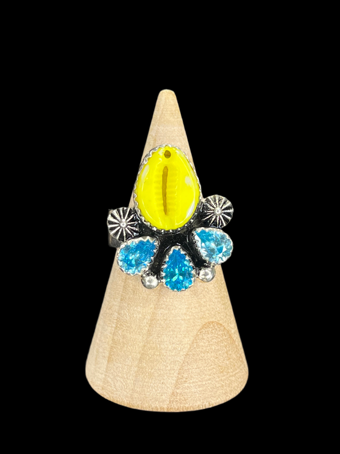 Painted Cowrie Shell & CZ Adjustable Ring