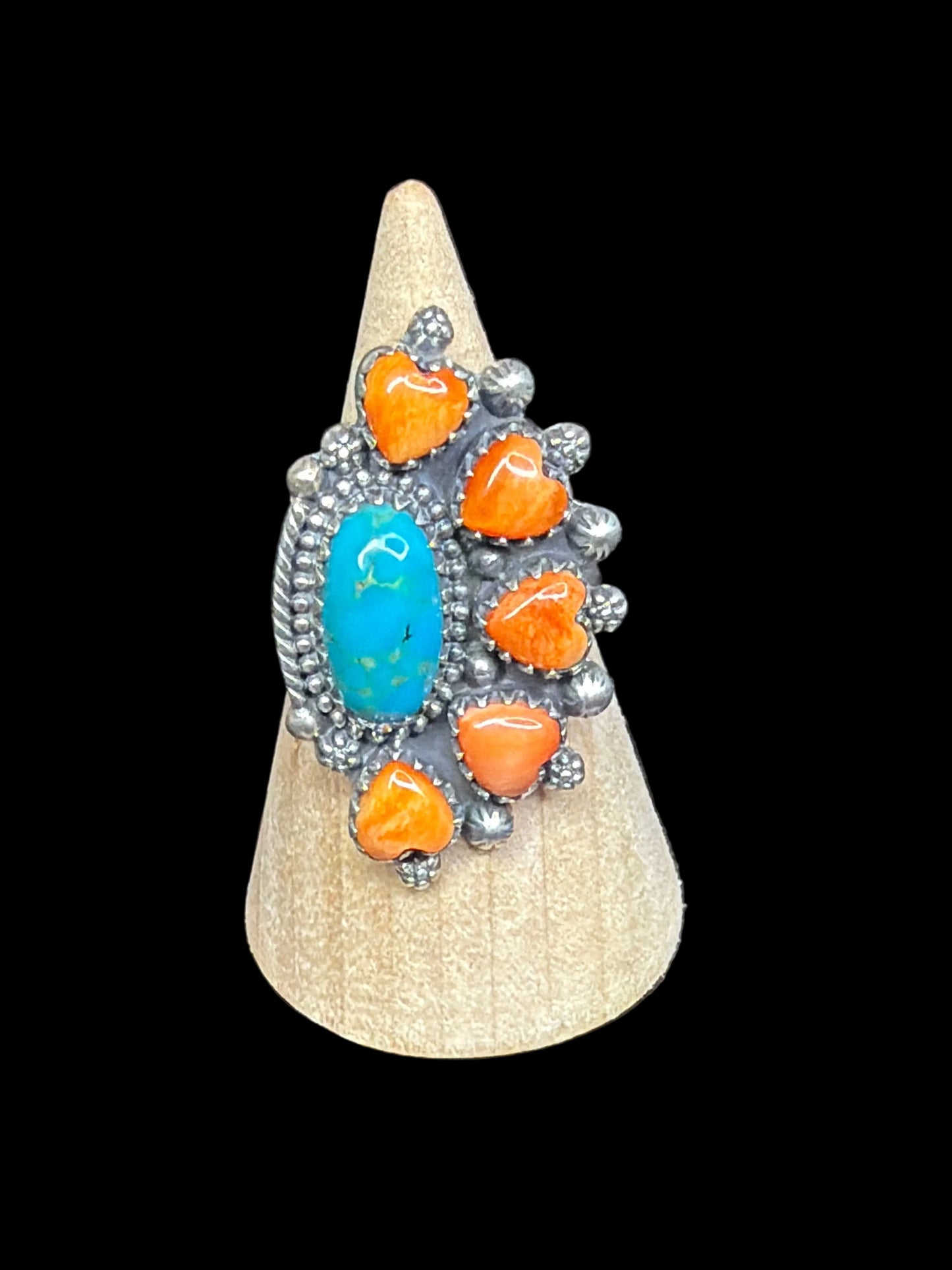 Handcrafted Kingman & Orange Spiny Cluster Ring - size 8