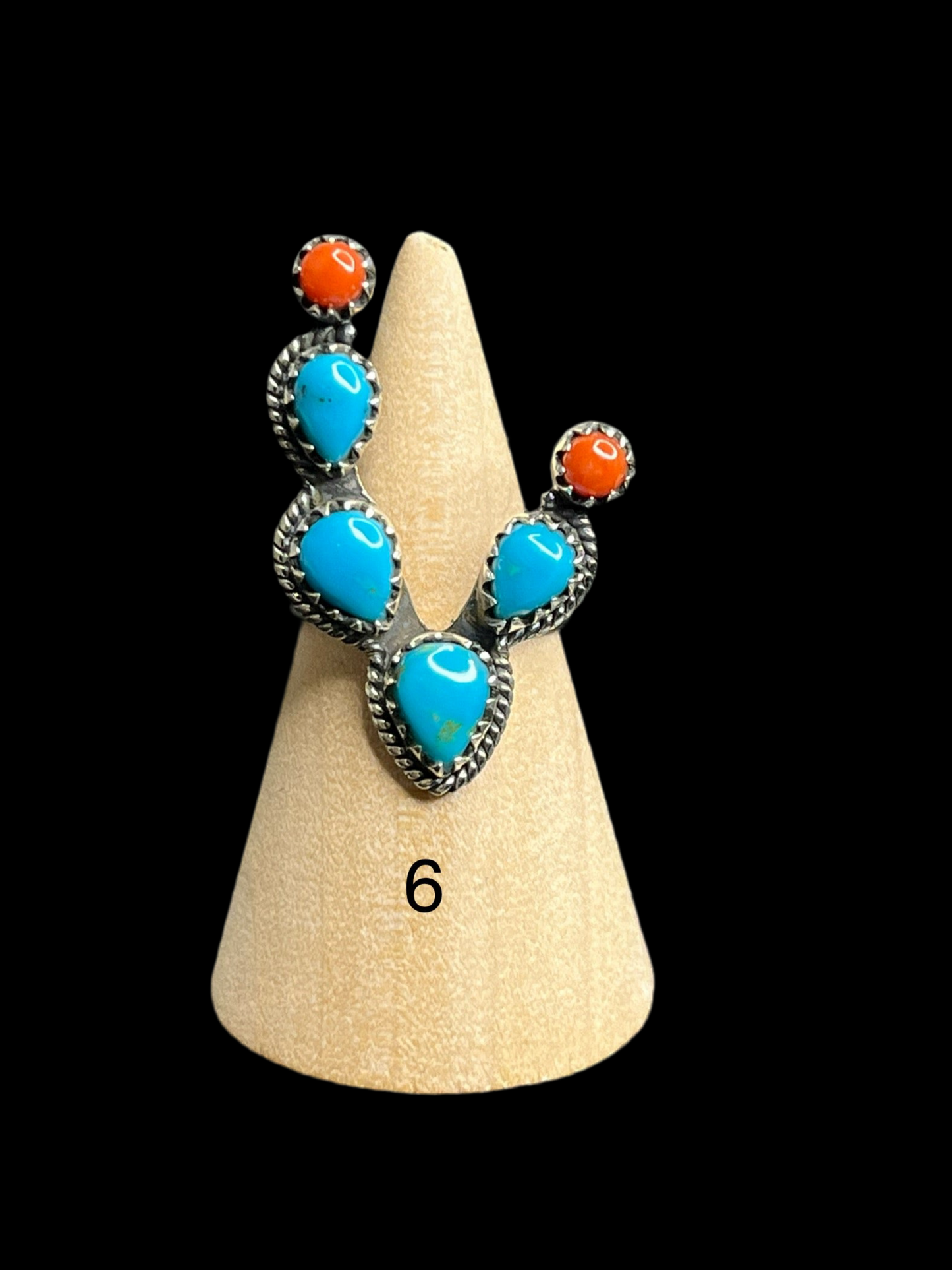 Kingman Turquoise & Coral Sterling Silver Cactus Rings