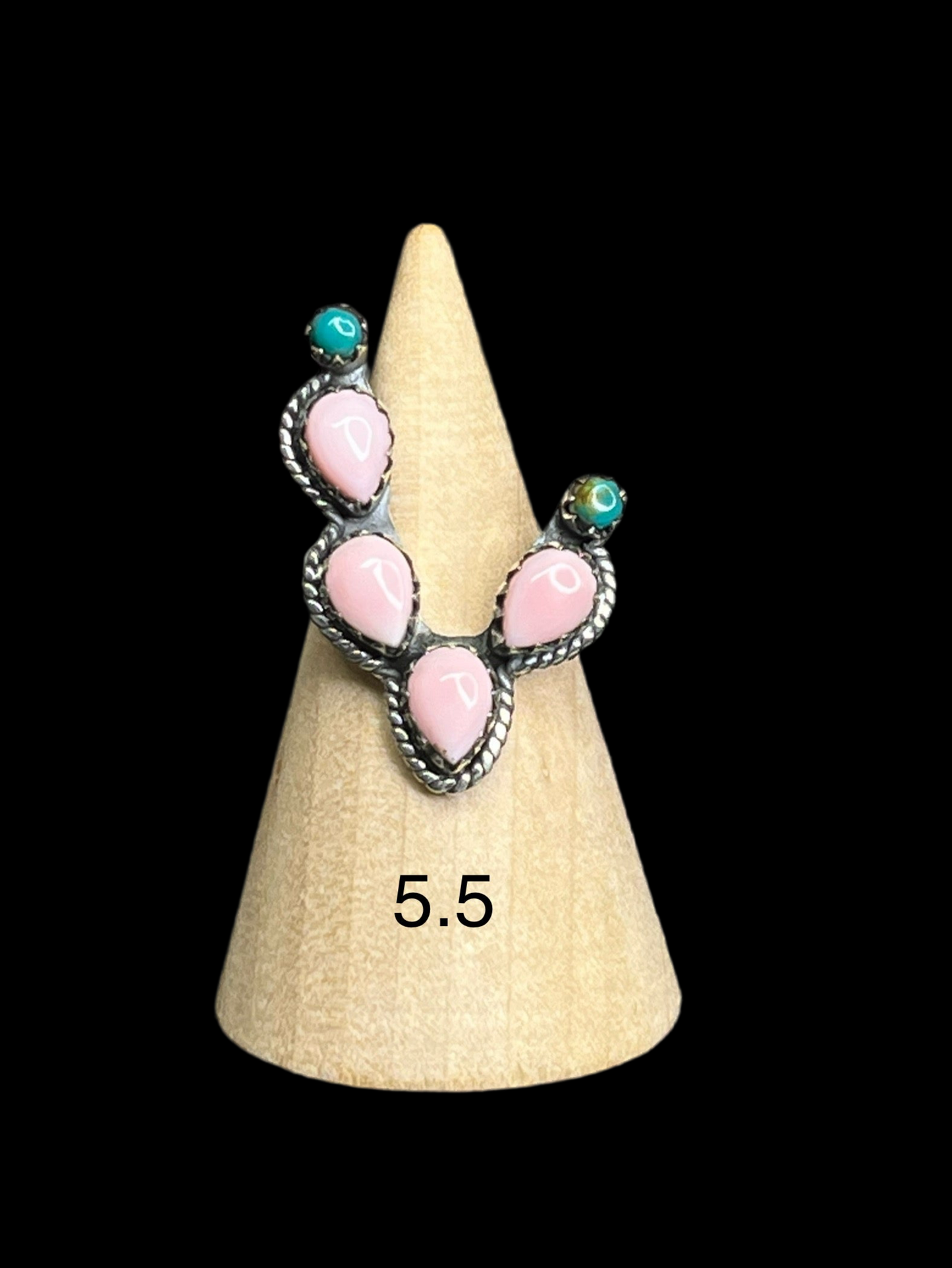 Kingman Turquoise, Coral, Pink Queen Conch Sterling Silver Cactus Rings