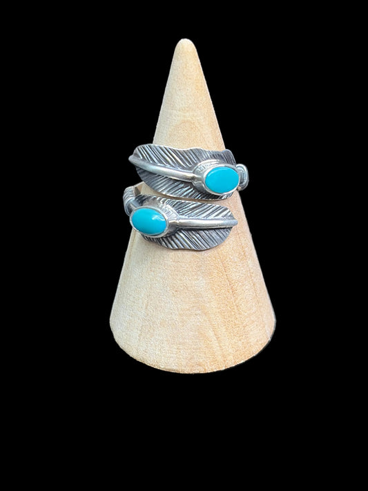 Handcrafted Kingman Turquoise Feather Bypass Ring - Adjustable