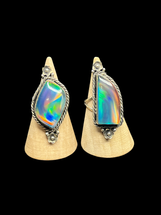 Aurora Opal Sterling Silver Rings - size 7.5
