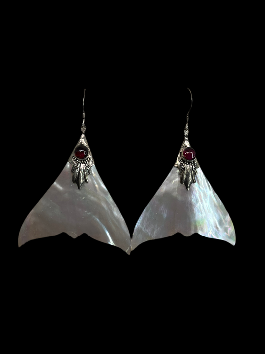 Mother of Pearl & Tourmaline Sterling Silver Mermaid Tail Earrings