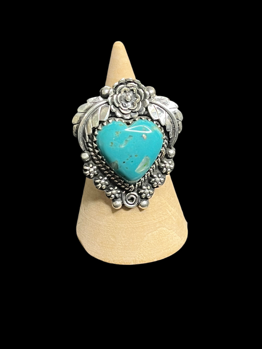 Kingman Turquoise Sterling Silver Heart Ring - size 7.5