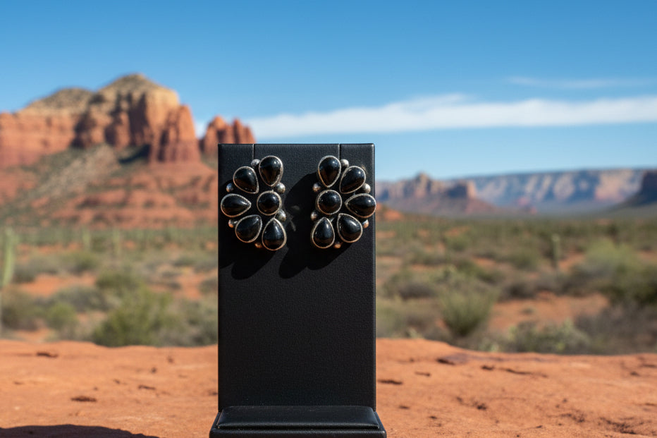 Handcrafted Black Onyx Half-Cluster Earrings