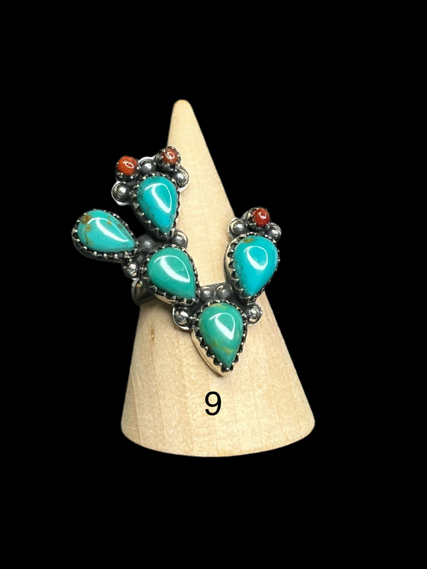Kingman Turquoise, Coral, Pink Queen Conch Sterling Silver Cactus Rings