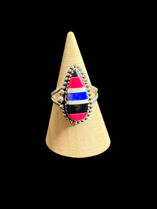 Aurora Opal Inlay Sterling Silver Ring - Size 9.5