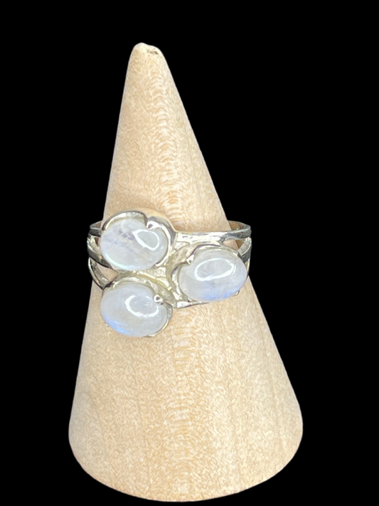Triple Rainbow Moonstone Sterling Silver Ring - size 7.75