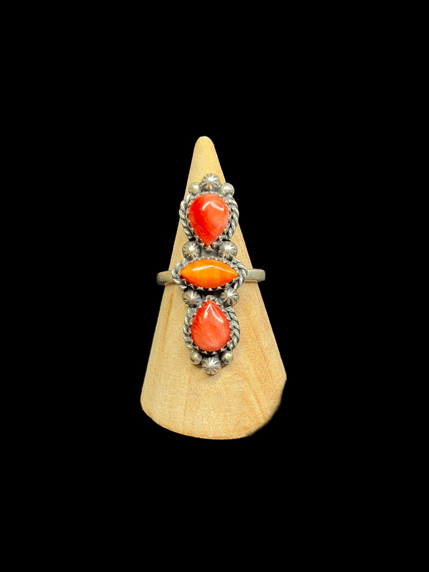 Handcrafted Red & Orange Spiny Ring - size 7.5