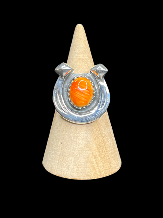 Orange Spiny Horseshoe Ring - size 8