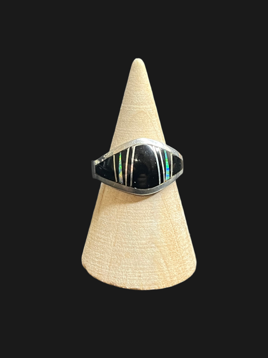 Navajo - Black Onyx & Opal Inlay Sterling Silver Ring - size 8.5