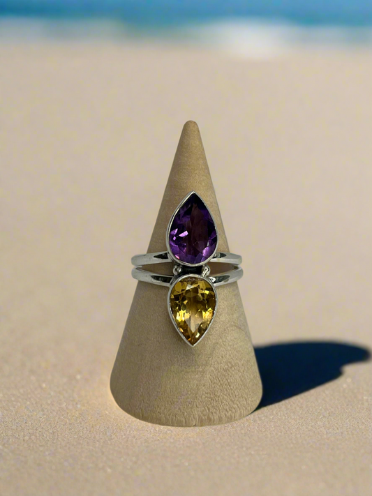 Amethyst & Citrine Sterling Silver Ring - Size 9