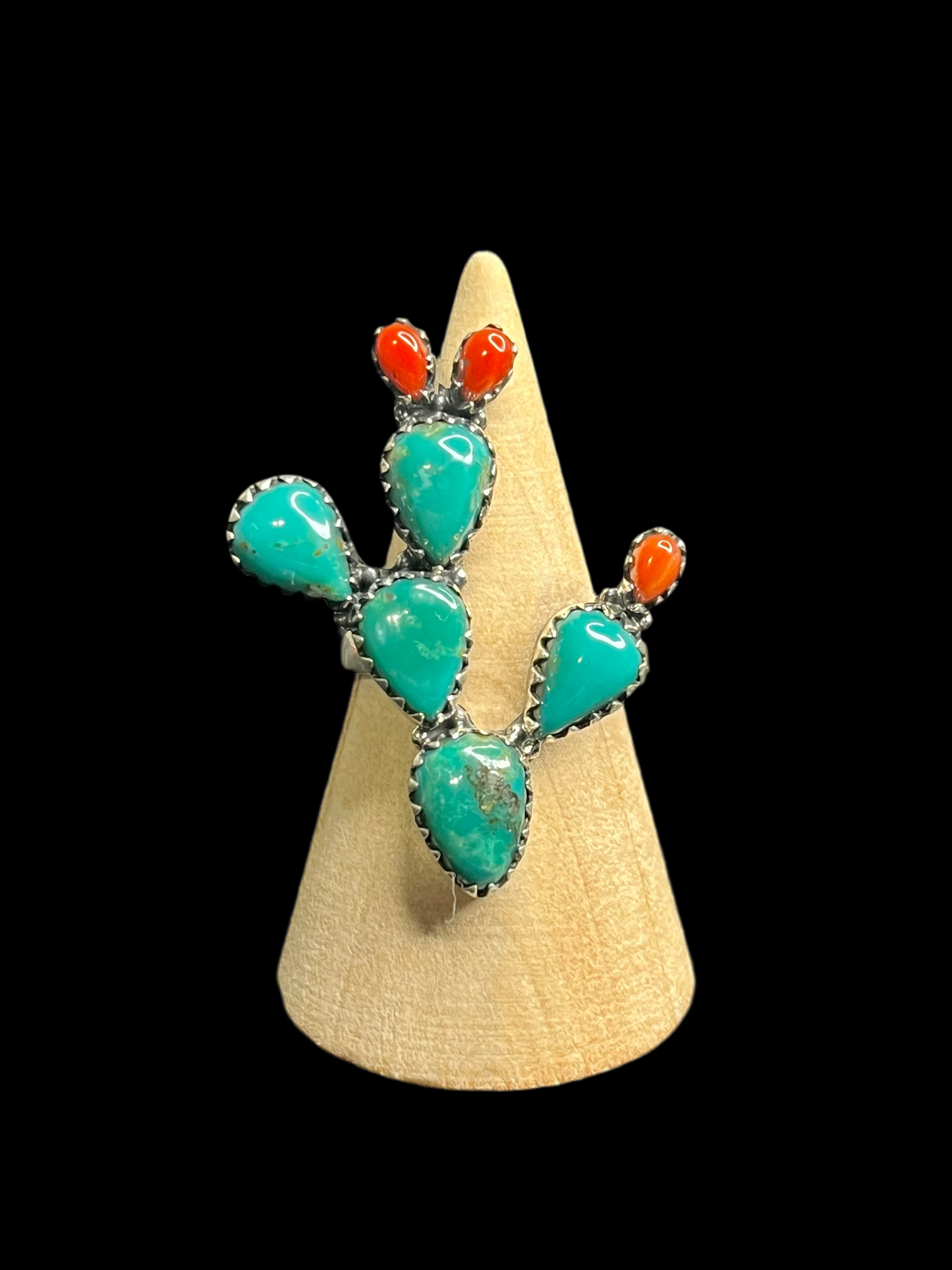 Kingman Turquoise & Coral Sterling Silver Cactus Rings