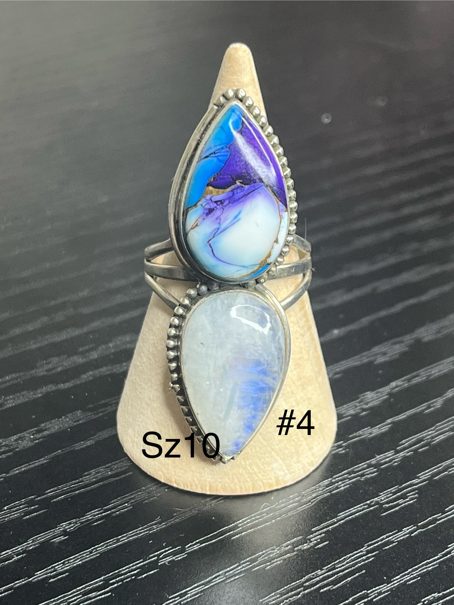 Blue Dahlia & Moonstone Sterling Silver Rings