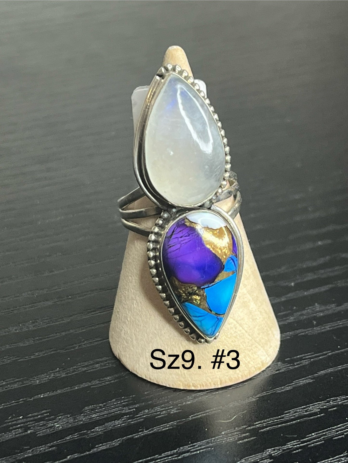 Blue Dahlia & Moonstone Sterling Silver Rings