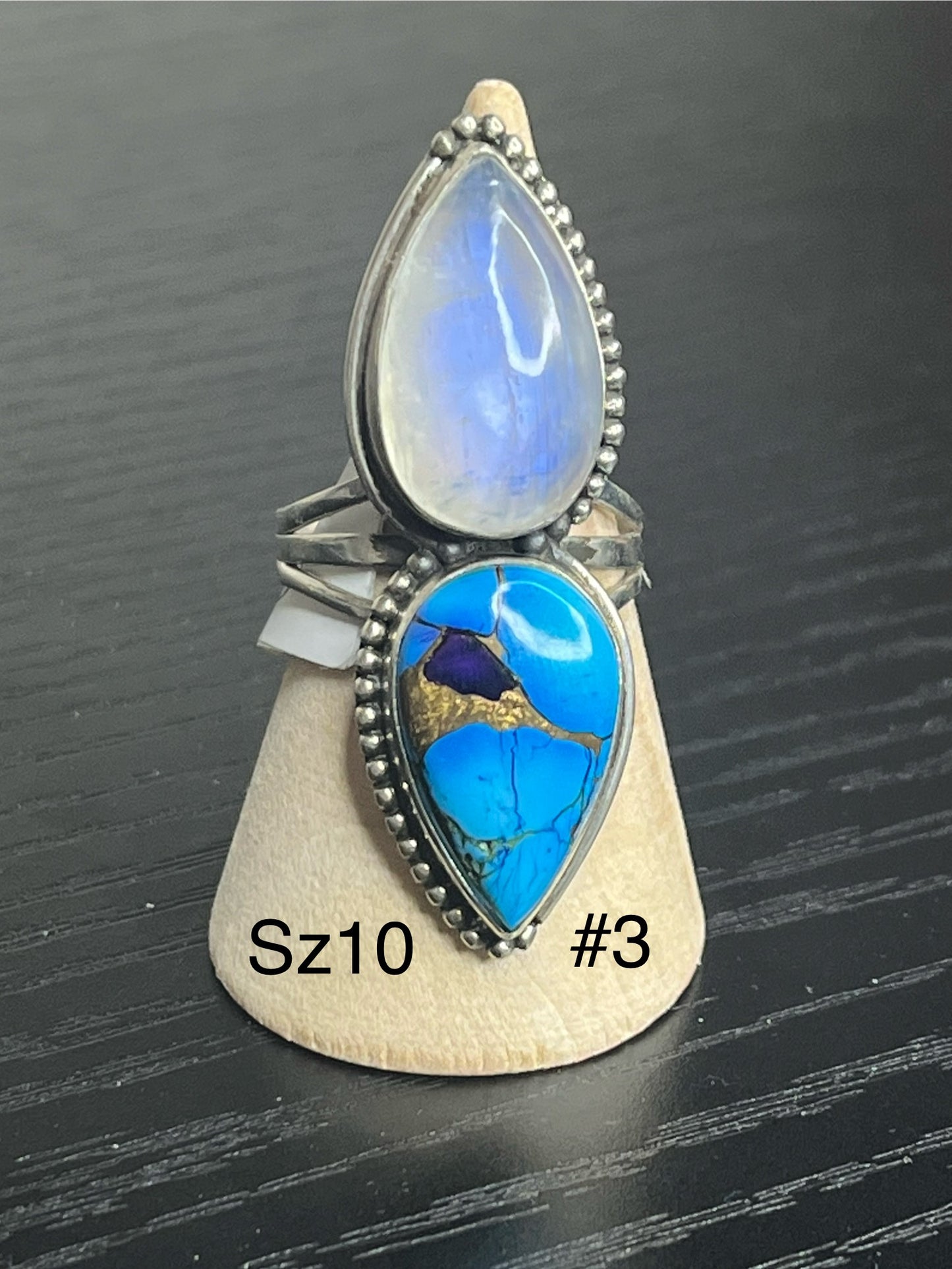 Blue Dahlia & Moonstone Sterling Silver Rings