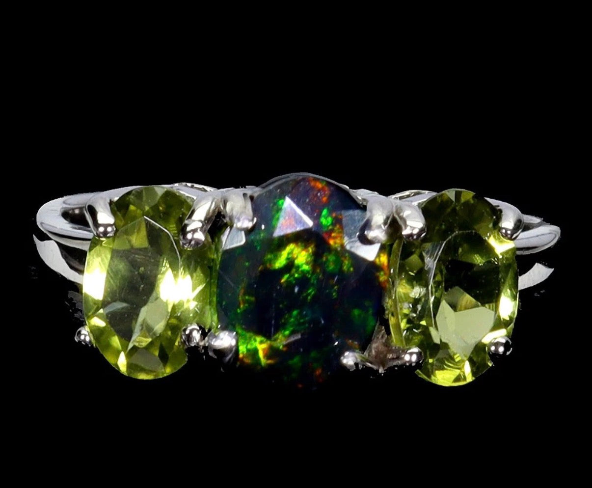Black Ethiopian Fire Opal & Peridot Ring - size 7.5