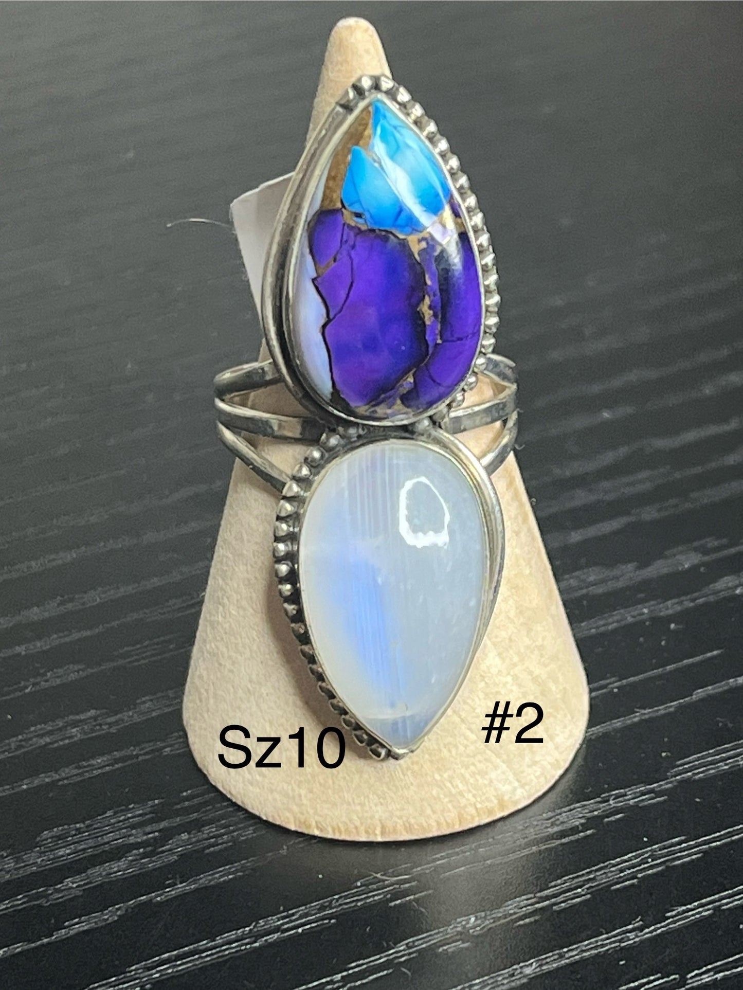 Blue Dahlia & Moonstone Sterling Silver Rings