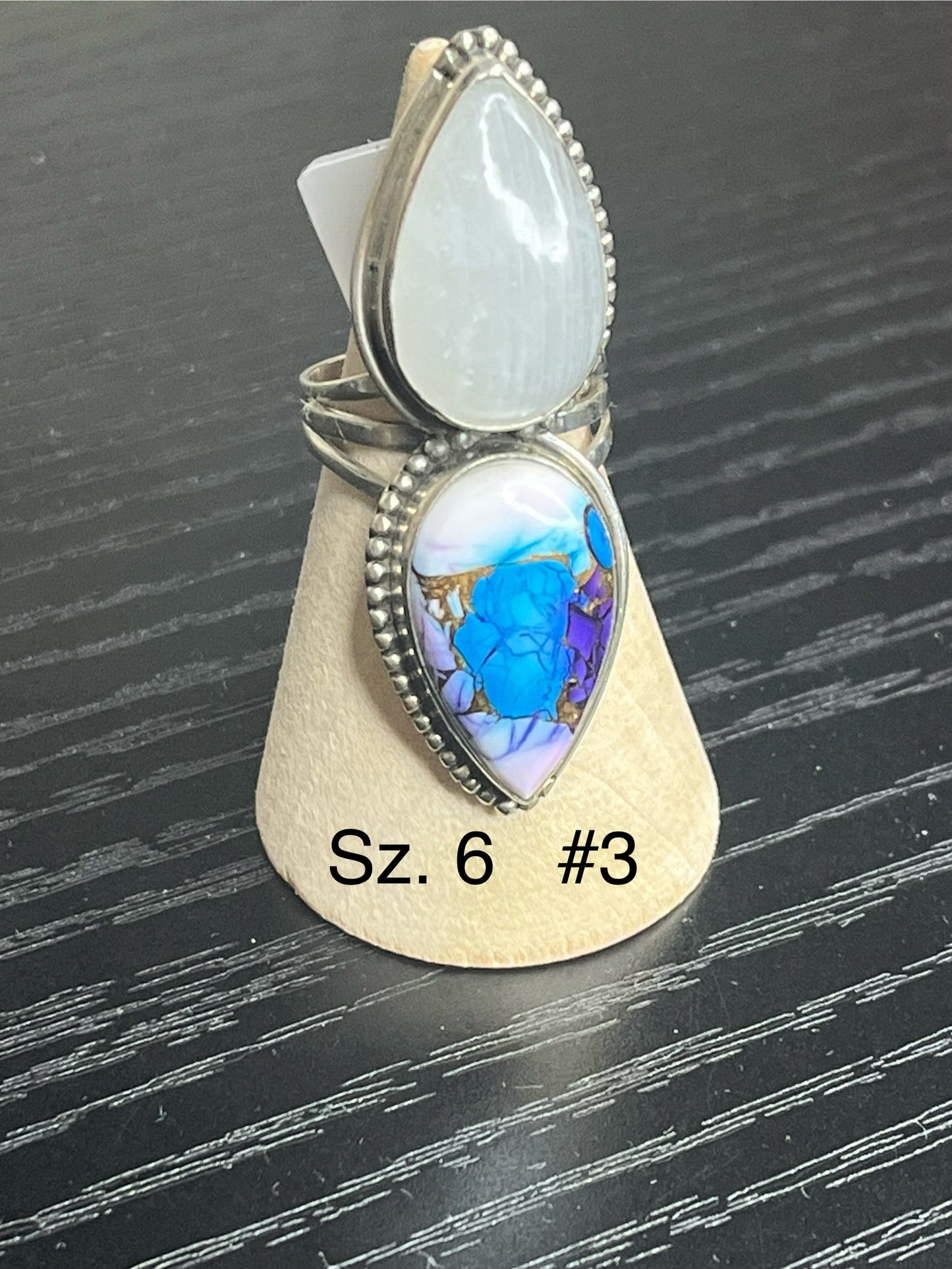 Blue Dahlia & Moonstone Sterling Silver Rings