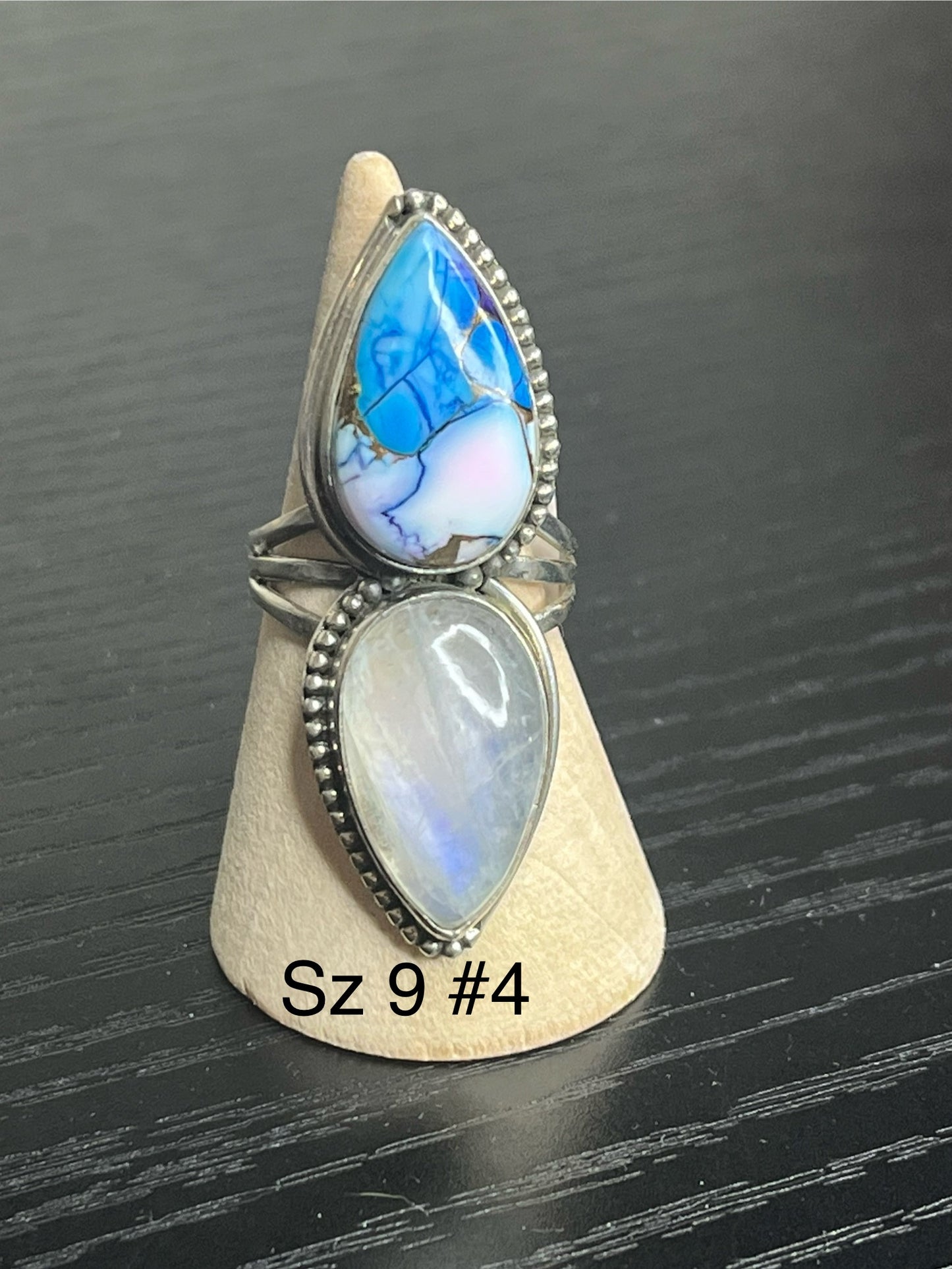 Blue Dahlia & Moonstone Sterling Silver Rings