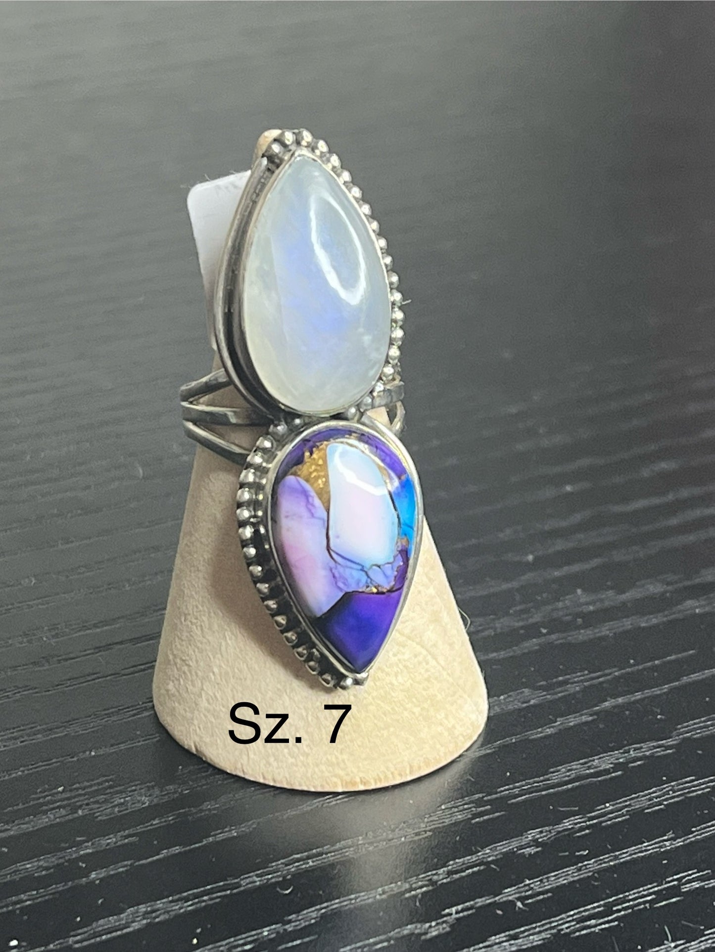 Blue Dahlia & Moonstone Sterling Silver Rings