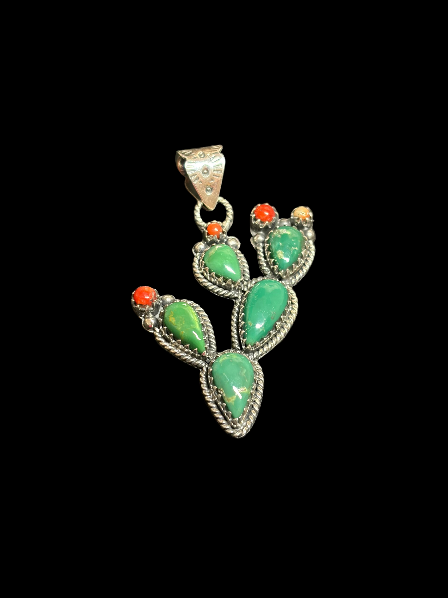 Kingman Turquoise & Coral Cactus Pendant